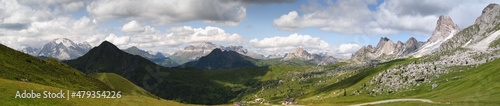 Beautiful panoramic view from Passo Giau. Passo Giau connects Cortina d'Ampezzo to Selva di Cadore in the province of Belluno. Veneto Italy.