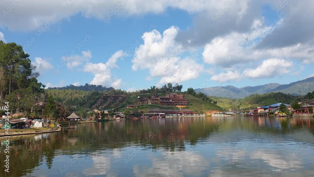 Pan view of Mae Hong Son, Thailand. Lake and resorts in Ruk Thai beautiful nature landscape travel destination slow motion Pan view of Mae Hong Son, Thailand. Lake and resorts in Ruk Thai beautiful nature landscape travel destination slow motion