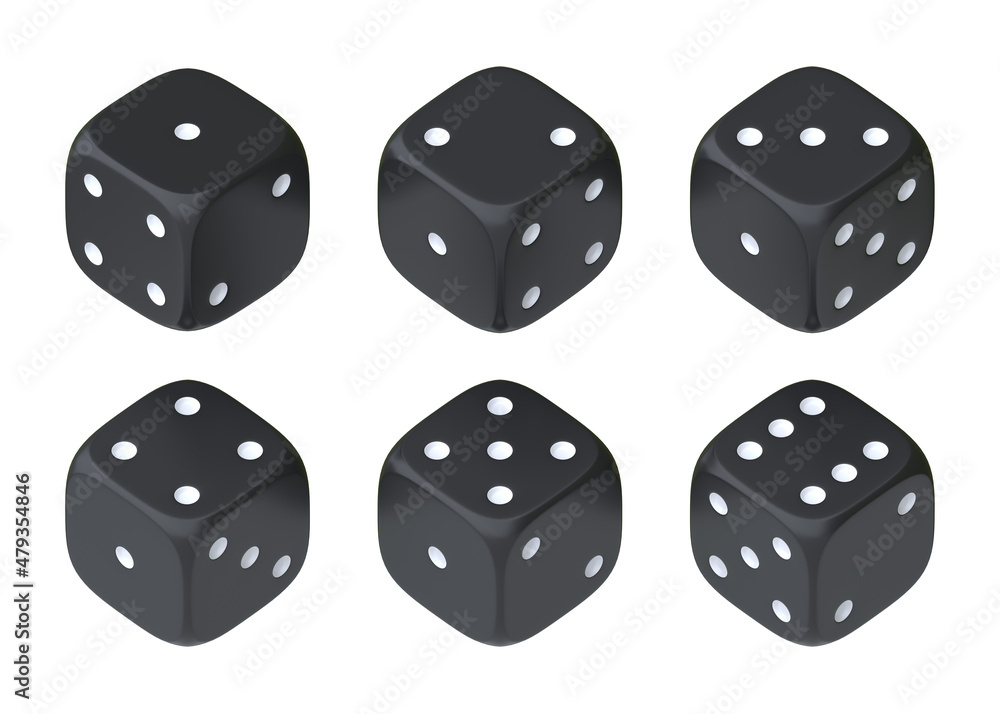 Set of six black dice with white dots hanging in half turn showing different numbers. Lucky dice. Rolling dice. Board games. Money bets. 3D rendering illustration Set of six black dice with white dots hanging in half turn showing different numbers. Lucky dice. Rolling dice. Board games. Money bets. 3D rendering illustration
