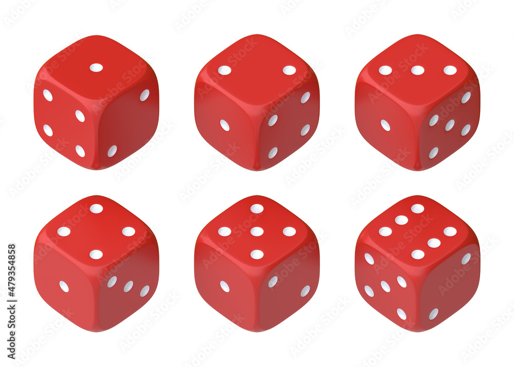 Set of six red dice with white dots hanging in half turn showing