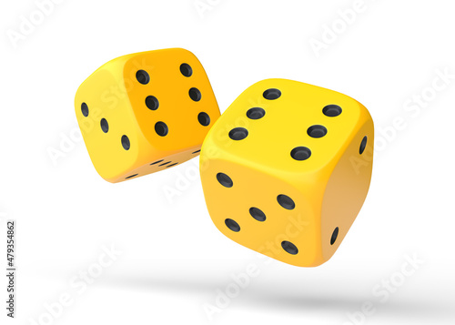 Two yellow rolling gambling dice in Flight on a white background. Lucky dice. Board games. Money bets. 3d rendering illustration photo