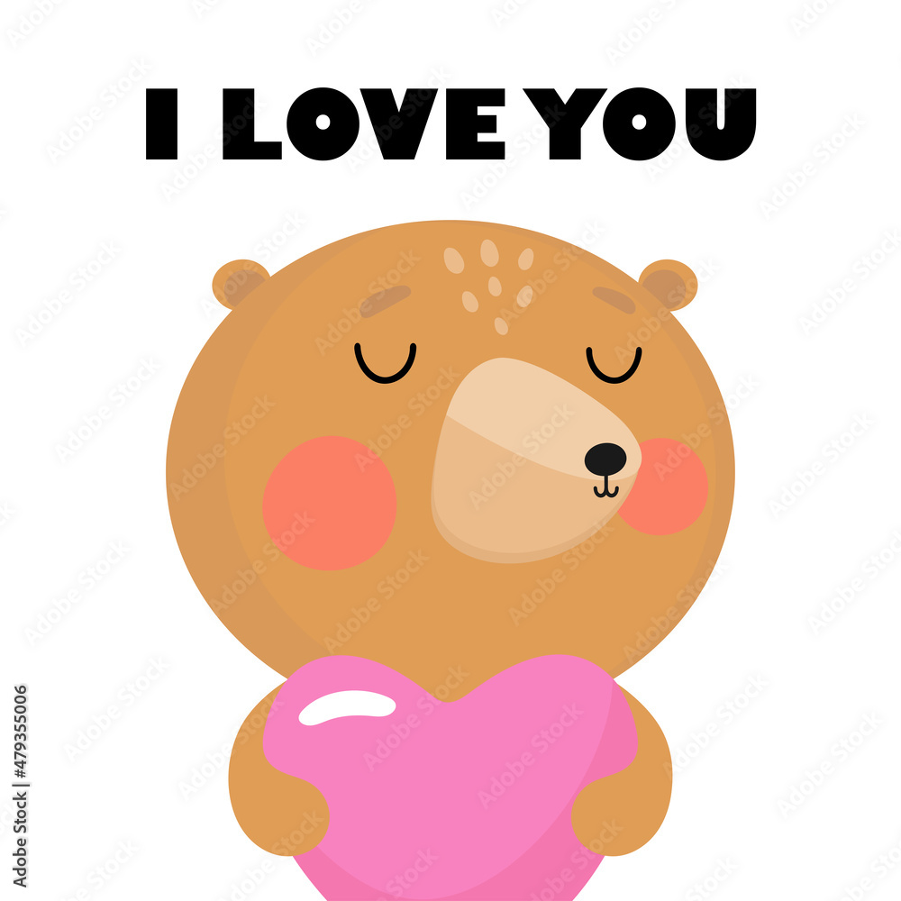 Funny Teddy Bear Cartoon with Pink Heart. For greeting card, posters, banners, children books, printing on the pack, printing on clothes, wallpaper, textile or dishes. Funny Teddy Bear Cartoon with Pink Heart. For greeting card, posters, banners, children books, printing on the pack, printing on clothes, wallpaper, textile or dishes.