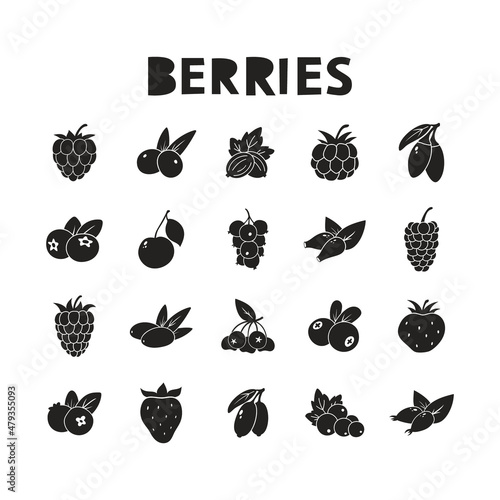 Berries, black silhouette icons set. Vector illustration of strawberry, cherry, raspberry, blueberry, blackberry. Hand drawn isolated pictogram on white background