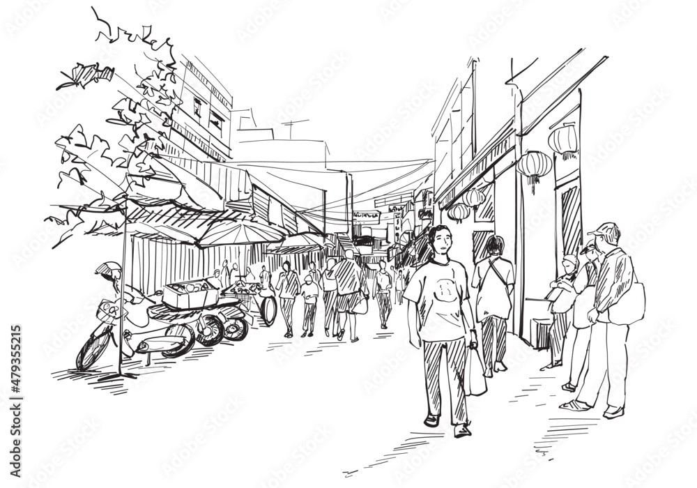 Obraz premium Sketching, crowded people walking at Warorot Market, Chiang Mai, Thailand during the holidays, outline monochrome.