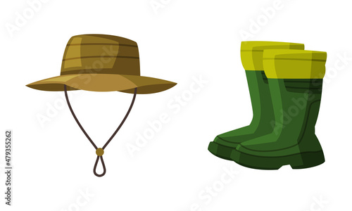 Fisherman Green Hat and Pair of Boots Vector Set