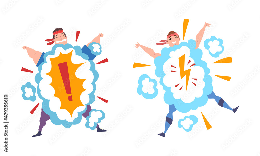 Fototapeta premium Overweight Man and Woman Character with Bang Cloud Getting Fit Vector Set