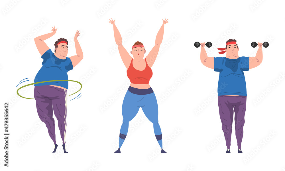 Overweight Man and Woman Character Training with Dumbbell and Hula Hoop Getting Fit Vector Set Overweight Man and Woman Character Training with Dumbbell and Hula Hoop Getting Fit Vector Set