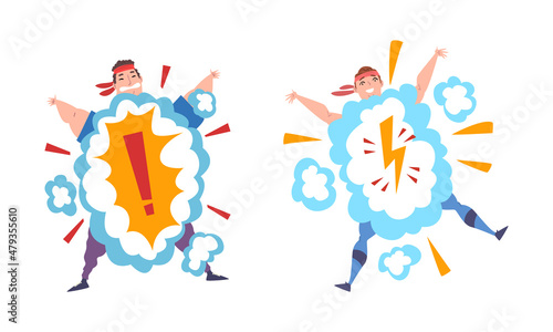 Overweight Man and Woman Character with Bang Cloud Getting Fit Vector Set