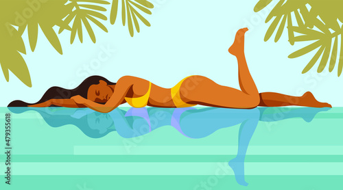 vector illustration on the theme of summer holiday. beautiful young tanned girl in a yellow bikini sunbathes by the pool in the shade of palm trees and leaves at a tropical resort. reflection in water