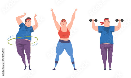 Overweight Man and Woman Character Training with Dumbbell and Hula Hoop Getting Fit Vector Set