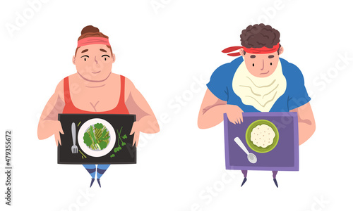 Overweight Man and Woman Character Having Healthy Diet with Tray and Greenery on Plate Vector Set