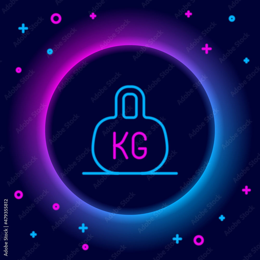 Obraz premium Glowing neon line Weight icon isolated on black background. Kilogram weight block for weight lifting and scale. Mass symbol. Colorful outline concept. Vector