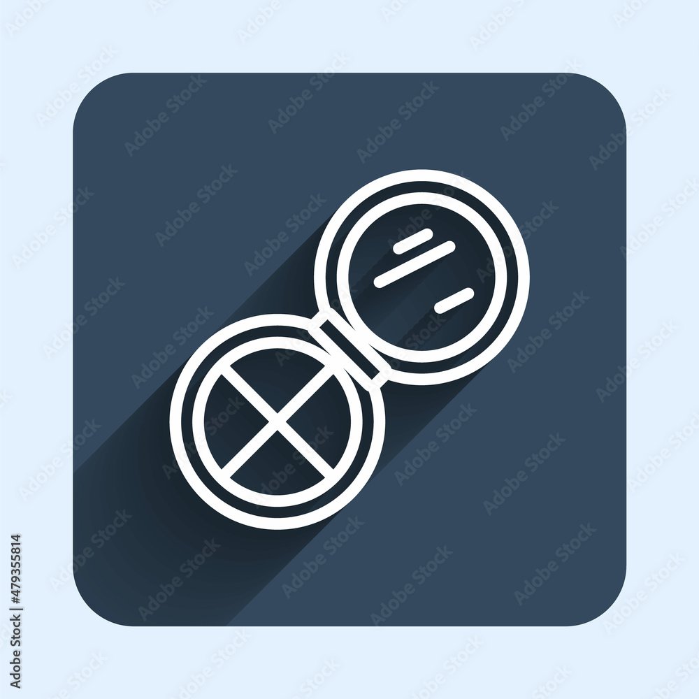 White line Makeup powder with mirror icon isolated with long shadow background. Blue square button. Vector White line Makeup powder with mirror icon isolated with long shadow background. Blue square button. Vector