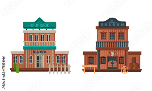 Western Style Building and Wild West Architectural Construction Vector Set