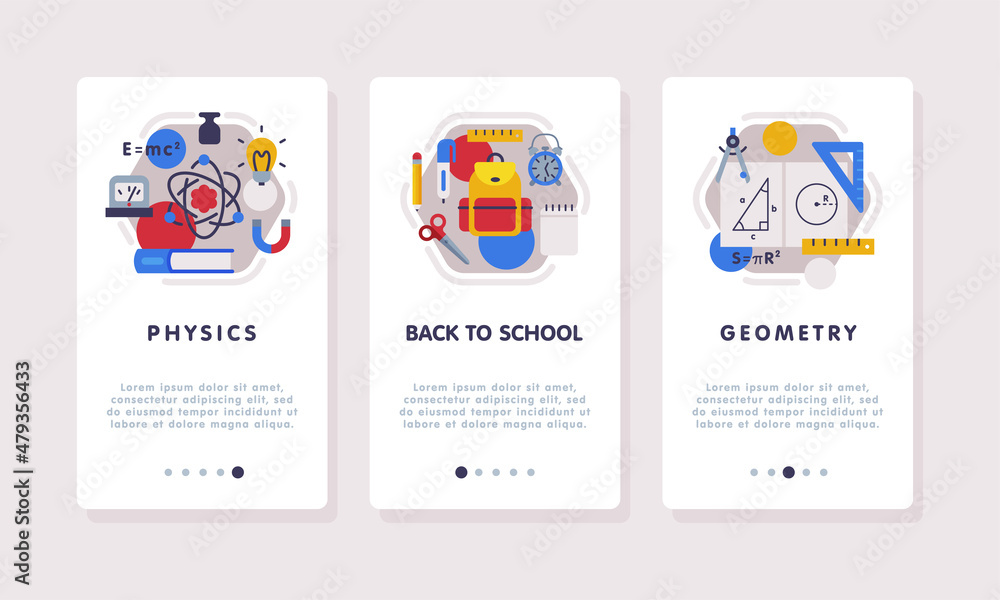 School Education Web Banner with Text Caption and Educational Objects Vector Set