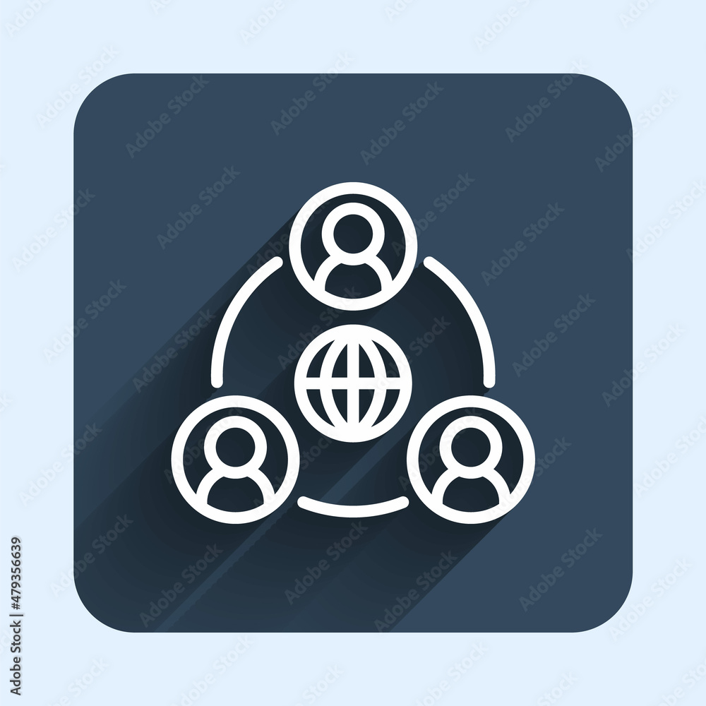 White line Meeting icon isolated with long shadow background. Business team meeting, discussion concept, analysis, content strategy. Presentation conference. Blue square button. Vector White line Meeting icon isolated with long shadow background. Business team meeting, discussion concept, analysis, content strategy. Presentation conference. Blue square button. Vector