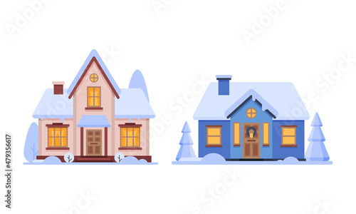 Country House in Winter Season with Chimney and Roof Covered with White Snow Vector Set