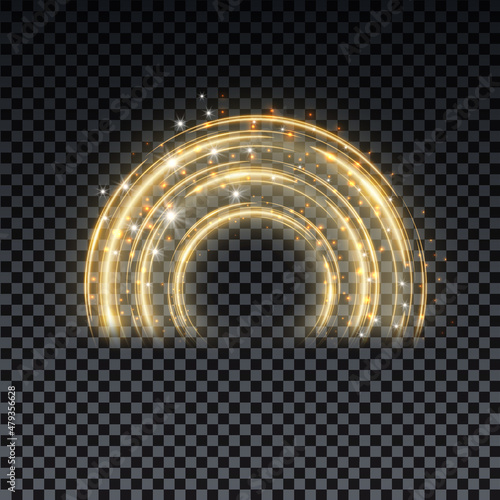 Gold magic arc. Abstract magic light effect. Luminous neon lines with flying lights.