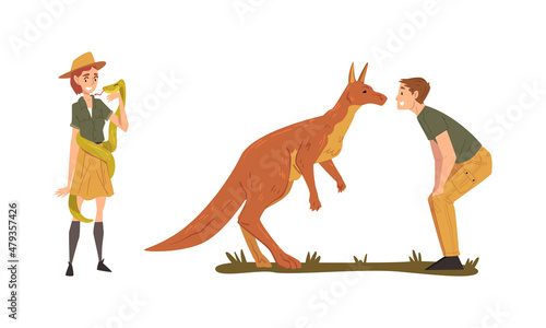 Man and Woman Zookeeper with Kangaroo and Snake Engaged in Daily Care of Animal Vector Set