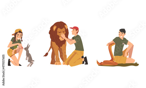 Man and Woman Zookeeper Feeding Hare and Stroking Lion Engaged in Daily Care of Animal Vector Set