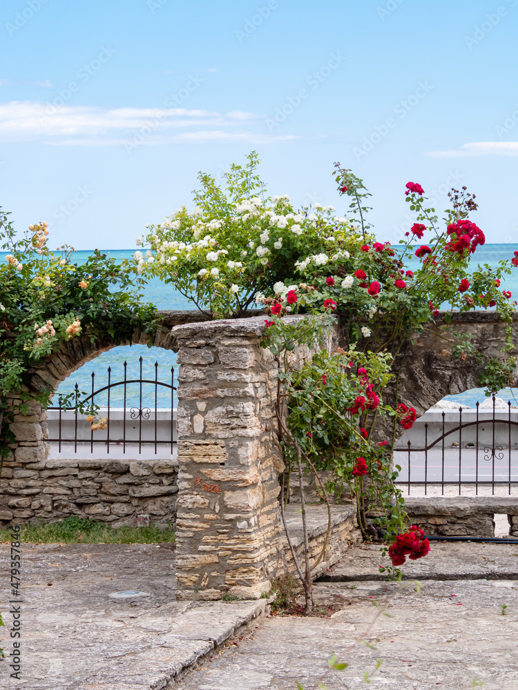 Obraz premium Beautiful garden, with flowers and arch, near the beach in Balchik, Bulgaria