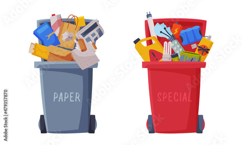 Sorting Garbage with Dustbin Full of Recycle Trash Vector Set
