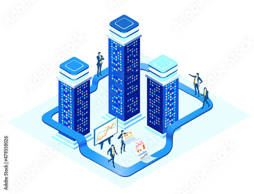 People work in server room. Big data. Isometric 3D business concept environment, Business people having a meeting, technology, big data, computing, artificial intelligence, mining crypto