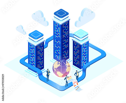 People work in server room. Big data. Isometric 3D business concept environment, Business people having a meeting, technology, big data, computing, artificial intelligence, mining crypto