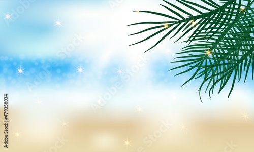Summer background with palm brunches and beautiful bokeh.