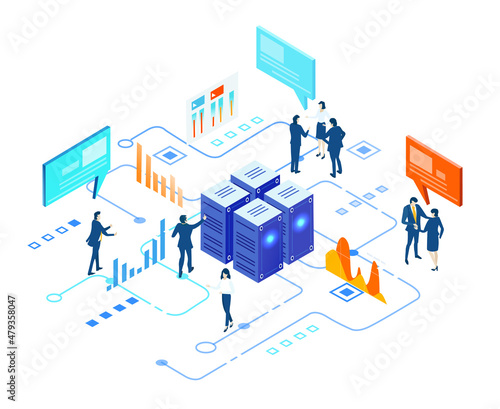 People work in server room. Big data. Isometric 3D business concept environment, Business people having a meeting, technology, big data, computing, artificial intelligence, mining crypto