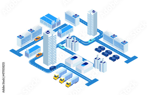Business, banking, investments in the City. Isometric 3D business concept environment, Creative team working together, developing project. Business, finance, logistics concept.