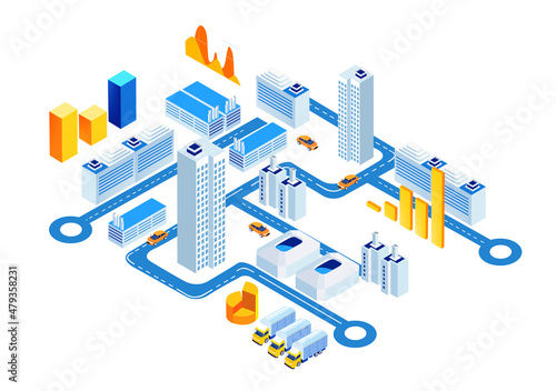 Business, banking, investments in the City. Isometric 3D business concept environment, Creative team working together, developing project. Business, finance, logistics concept.