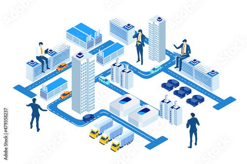 Business, banking, investments in the City. Isometric 3D business concept environment, Creative team working together, developing project. Business, finance, logistics concept.
