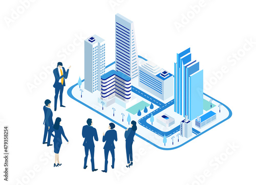 Business people, architects, investors are talking around City model, architectural project. Property strategy isometric illustration 