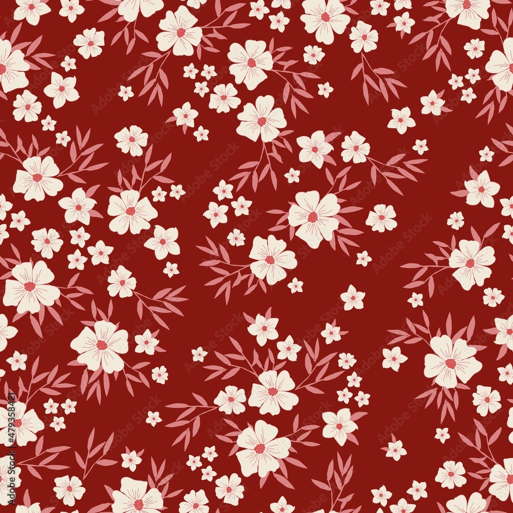 Beautiful vintage pattern. White flowers, pink leaves. Dark red background. Floral seamless background. An elegant template for fashionable prints.