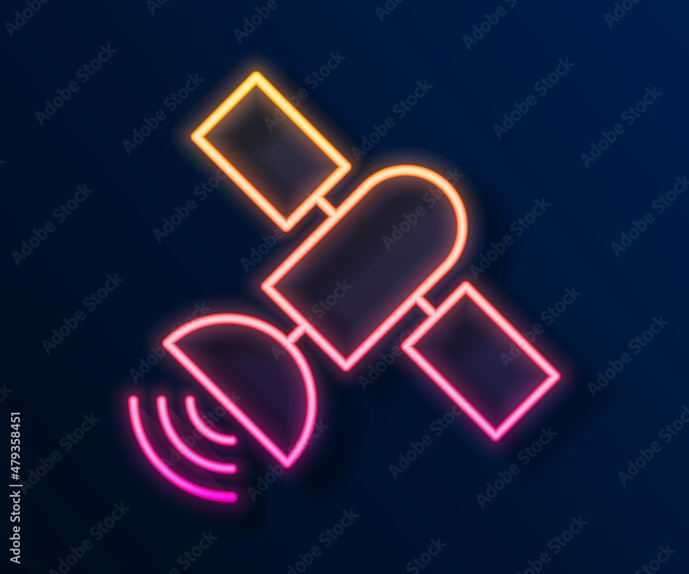 Fototapeta premium Glowing neon line Satellite icon isolated on black background. Vector