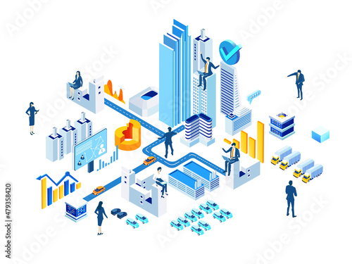 Business, banking, investments in the City. Isometric 3D business concept environment, Creative team working together, developing project. Business, finance, logistics concept.