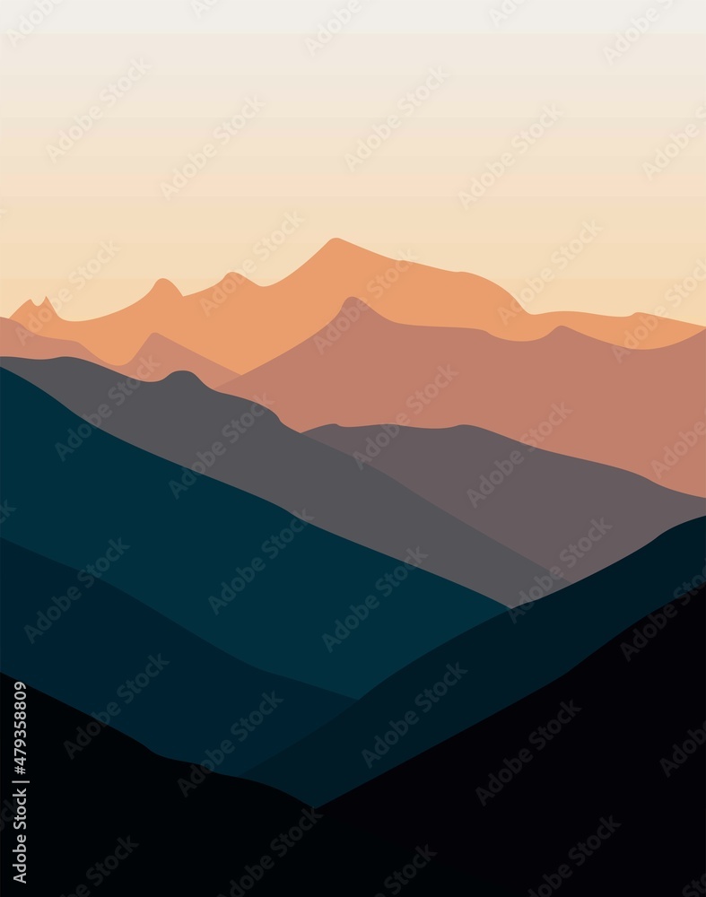 Vector flat image of mountains in tones from dark to light. A pleasantly vivid depiction of rocky mountain peaks and hills. Design for cards, posters, backgrounds, templates, textiles, t-shirts.