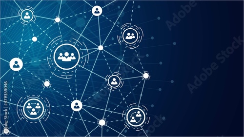 Vector abstract background. Communication grid design, Network connection, plexus. Texture of lines, dots. Neon glow. Icons, symbols of people in circles. Poster technology, business, social networks.
