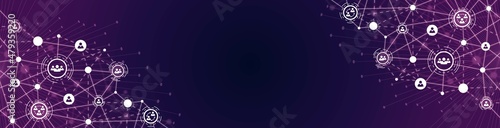  Vector frame background. Communication grid design, Network connection, plexus. Texture of lines, dots. Neon glow. Icons, symbols of people in circles. Poster technology, business, social networks.