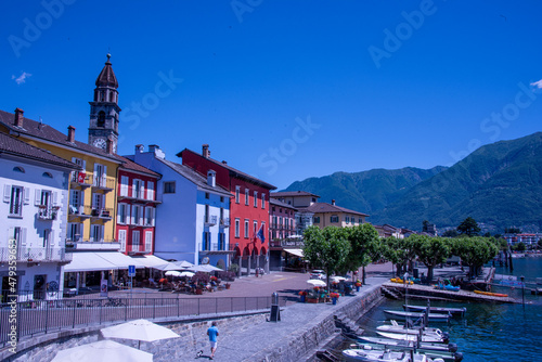 View of the lovely city of Ascona on the shore of Lake Maggiore in Ticino, Southern Switzerland