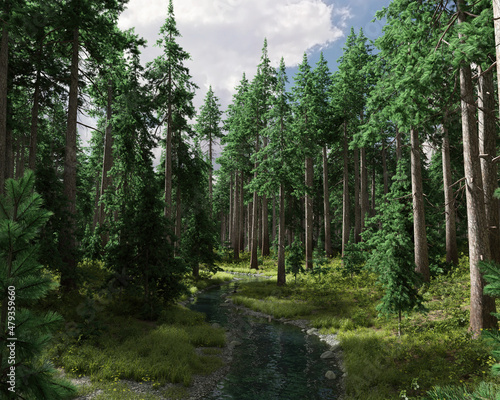 Little river with grass and flowers on the banks in a pine tree forest under a blue cloudy sky. 3D render.