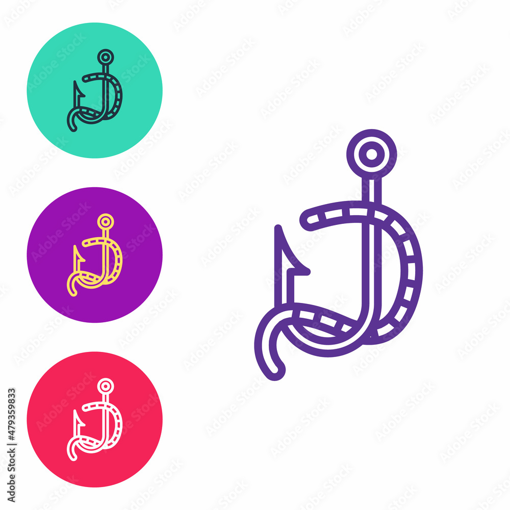 Set line Fishing hook and worm icon isolated on white background. Fishing tackle. Set icons colorful. Vector Set line Fishing hook and worm icon isolated on white background. Fishing tackle. Set icons colorful. Vector