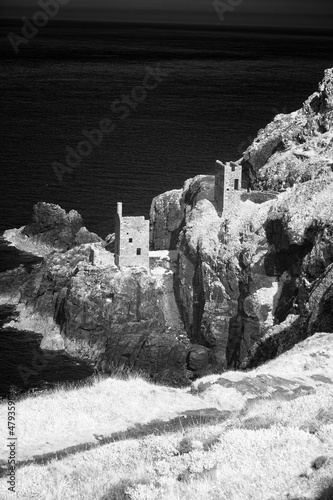 The crowns engine houses disused in black and white infrared cornwall uk 