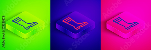 Isometric line Fishing boots icon isolated on green, blue and pink background. Waterproof rubber boot. Gumboots for rainy weather, fishing, hunter, gardening. Square button. Vector