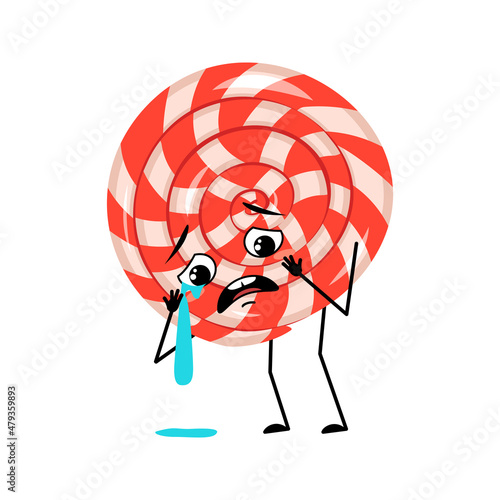 Cute character lollipop with crying and tears emotion, sad face, depressive eyes, arms and legs. Sweet candy person with melancholy expression