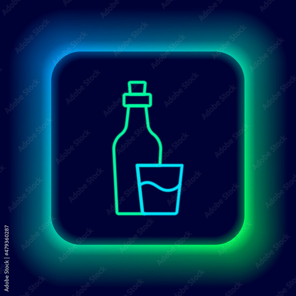 Glowing neon line Soju bottle icon isolated on black background. Korean rice vodka. Colorful outline concept. Vector Glowing neon line Soju bottle icon isolated on black background. Korean rice vodka. Colorful outline concept. Vector