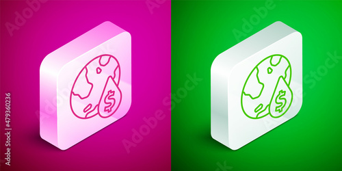 Isometric line Oil drop with dollar symbol icon isolated on pink and green background. Oil price. Oil and petroleum industry. Silver square button. Vector