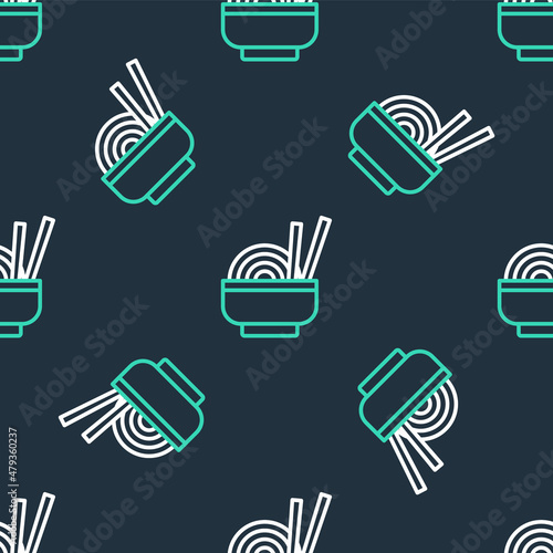 Line Asian noodles in bowl and chopsticks icon isolated seamless pattern on black background. Street fast food. Korean, Japanese, Chinese food. Vector