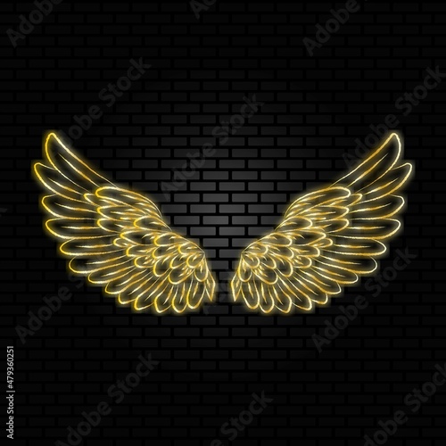 Gold Angel wings neon sign, bright glow, brick wall background, vector illustration. Icon, symbol for poster social network.